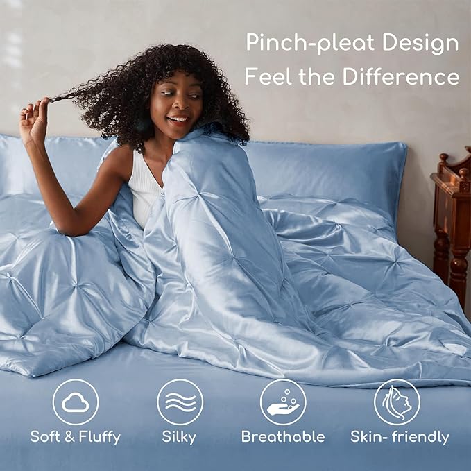 MR&HM Satin Comforter Queen 7 Pieces - Luxurious Pinch Pleat Bedding Set with Comforter, Flat Sheet, Fitted Sheet, Pillowcases & Shams, Super Silky Soft Bed Set for All Season (Queen, Blue Haze)
