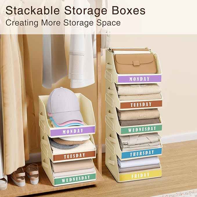 Closet Organizers and Storage - 5 Tier Shelf Organizer wiht Weekly Labels, Stackable Storage Bins with Metal Frame, Grey & Beige