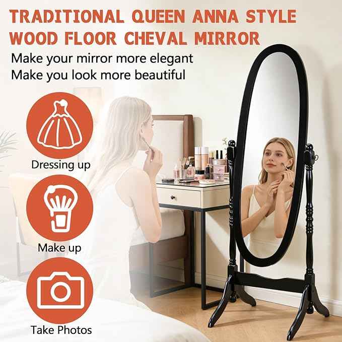 Full Length Mirror with Stand, Swivel Adjustable Oval Wood Cheval Floor Mirror, Dressing Cheval Mirror for Bedroom Livingroom, Interior Gift Idea (Black)
