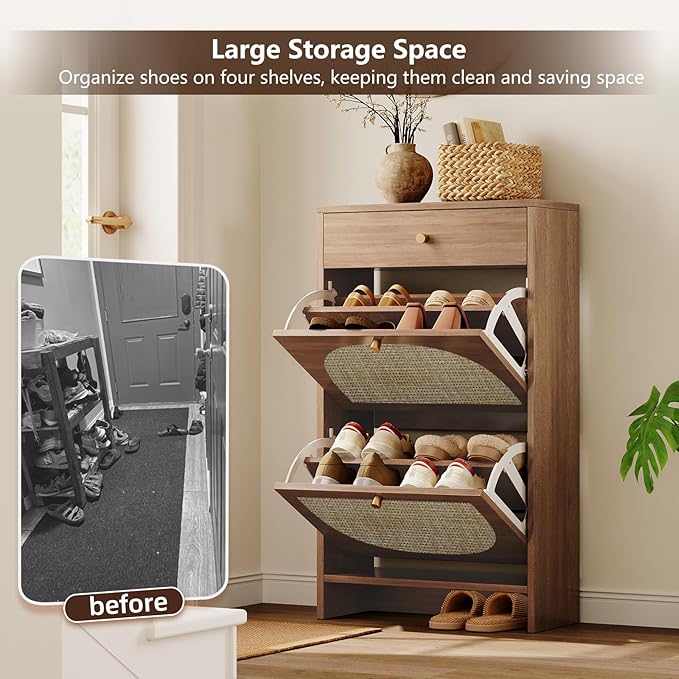Nicetree Shoe Cabinet for Entryway, Slim Shoe Rack with 2 Flip Drawers and Top Storage Drawer, Narrow Shoe Organizer with Printed Rattan-Look Design, Entryway Shoe Storage for Size 12 Shoes, Caramel
