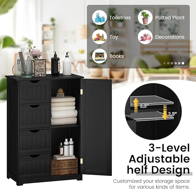 COSTWAY Bathroom Storage Cabinet, Wooden Storage Organizer with 4 Deep Drawers & Adjustable Shelf, Modern Floor Cabinet for Living Room, Bathroom, Kitchen, Entryway (Black)