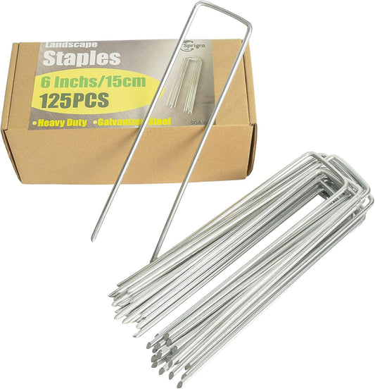 6 Inch Landscape Staples, More Thicker Heavy Duty 8 Gauge Galvanized Landscape Stakes, 125 Packs Garden Staples for Lawns, Weed Barriers, and Landscape Fabrics, Irrigation Hose, Tent Pegs ﻿