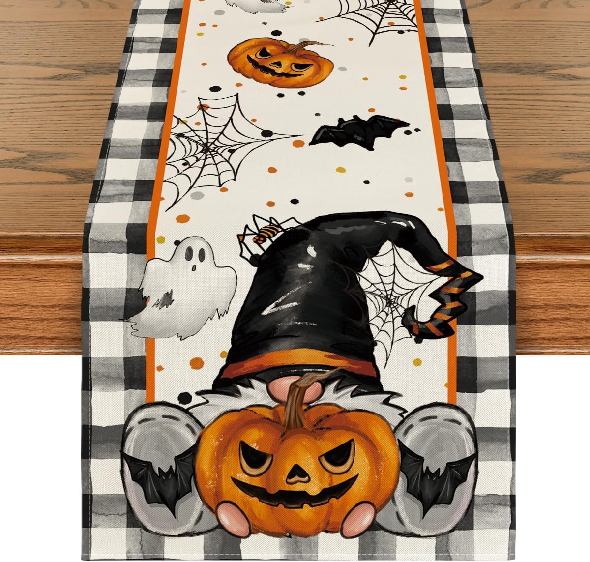 Artoid Mode Buffalo Plaid Gnome Bat Pumpkin Ghost Halloween Table Runner, Sensonal Kitchen Dining Table Decor for Home Party 13 x 120 Inch