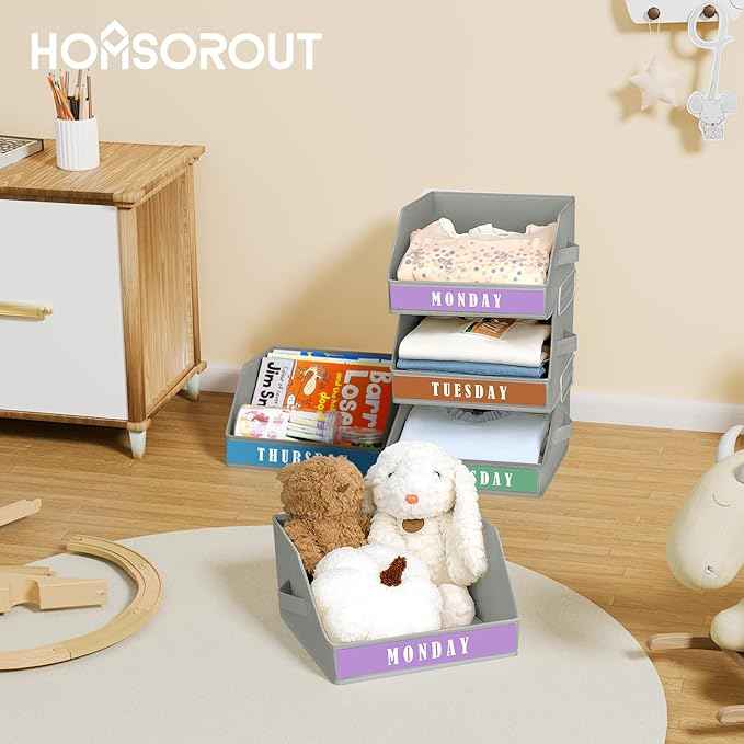 Closet Organizers and Storage - 5 Tier Shelf Organizer wiht Weekly Labels, Stackable Storage Bins with Metal Frame, Grey & Beige