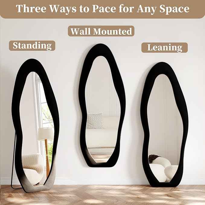 Full Length Mirror, 63"x24" Full Body Mirrors, Flannel Floor Mirrors with Stand, Irregular Wavy Mirror Hanging or Leaning Against Wall for Bedroom Living Room, Black