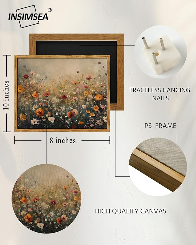 InSimSea Framed Canvas Wall Art, Vintage Flower Wildflower Prints Wall Decor for Living Room, Small Retro Landscape Painting Farmhouse Decorations for Bedroom Bathroom Shelf Gift, 8x10inch