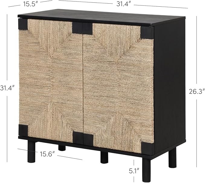 Nathan James Beacon Accent Natural Sideboard Storage Cabinet TV Stand in Wire-Brushed Wood with Adjustable Interior Shelf and Seagrass Doors, for Hallway, Entryway or Dining Room, Black, Set of 4