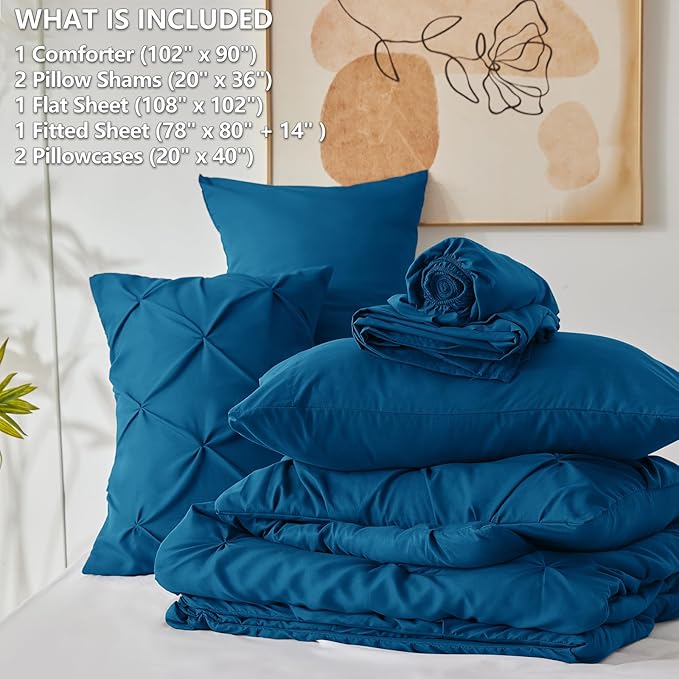 CozyLux King Size Comforter Set Teal, 7 Pieces Pintuck Bed in A Bag Teal Comforter King Size, Pinch Pleat Bedding Set with All Season Comforter, Sheets, Pillowcases & Shams