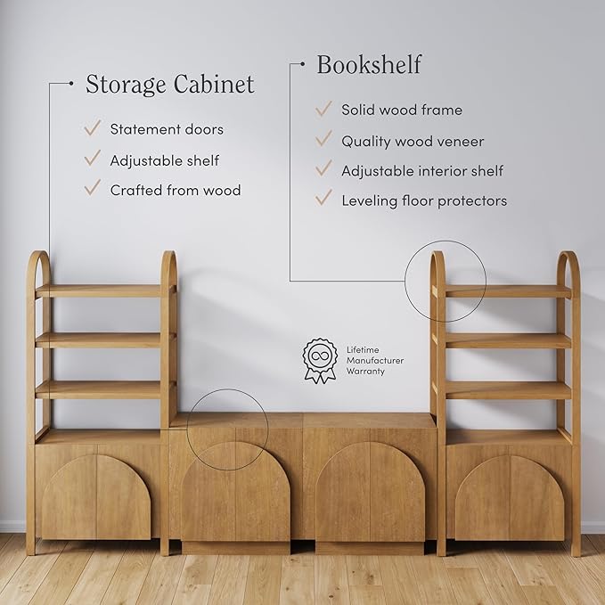 Nathan James Iris Sideboard and Bookcase Set, Mid-Century Modern Solid Wood Storage Unit with Arched Doors, 2 Cabinets and 2 Bookshelves with Cabinet, Light Brown