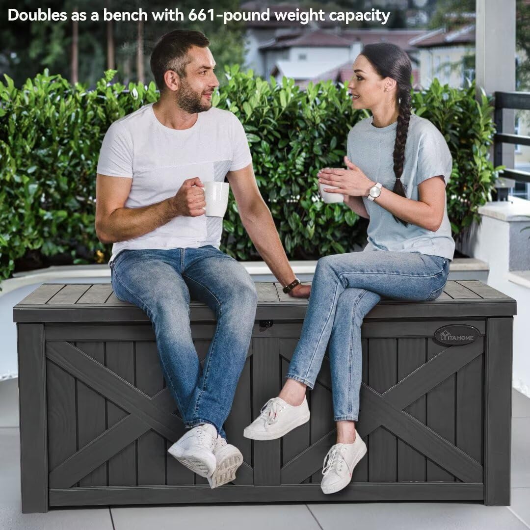 YITAHOME 120 Gallon Large Outdoor Storage Box with X-Shaped Front, Waterproof Resin Deck Box Cushion Storage Bench for Patio, Pool Supplies, Garden Tools - Lockable, Dark Gray