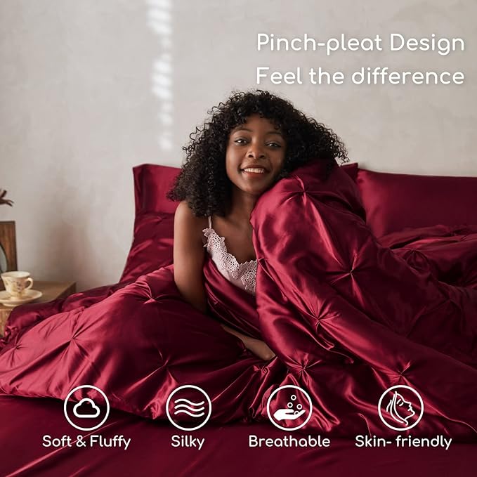 MR&HM Satin Comforter Full 7 Pieces - Luxurious Pinch Pleat Bedding Set with Comforter, Flat Sheet, Fitted Sheet, Pillowcases & Shams, Super Silky Soft Bed Set for All Season (Full, Burgundy)