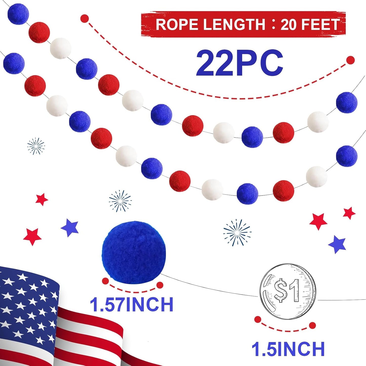 TBD Decor 3pk 4th of July Decorations Patriotic Red White Blue Pom Pom Garland 20FT 4cm Large Felt Ball Garland for Independence Day,Party Home Supplies Decorations
