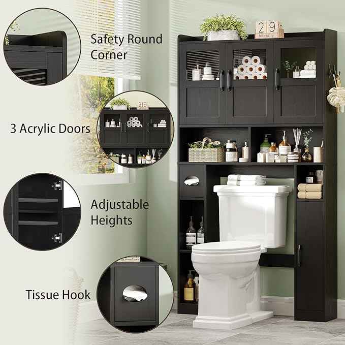 Over The Toilet Cabinet,Farmhouse Toilet Cabinet Rack with 3 Acrylic Doors and Adjustable Storage Shelf,Space Saving Bathroom Organizer with Toilet Paper Holder Stand for Restroom, Laundry，Black