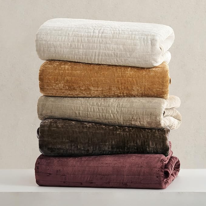 EVERGRACE Velvet Quilt Set California King 118'' x 106'', Luxurious Soft Striped Channel Bedding Set, Lightweight Velvet Comforter for All Season, Oversized Bedspread Coverlet w/ 2 Shams, Walnut Brown