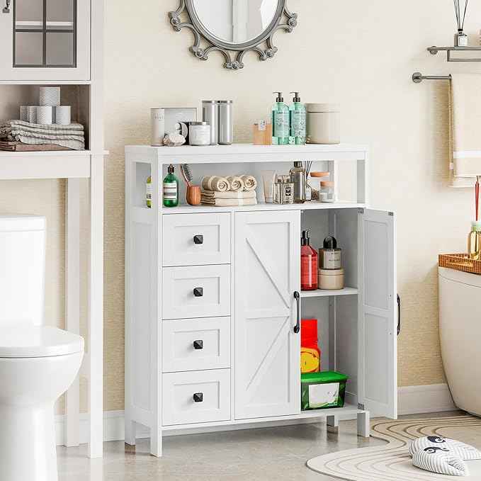 Vabches Farmhouse Storage Cabinet with 2 Doors and 4 Drawers, Freestanding Bathroom Compartment Kitchen Pantry Cabinet, Floor Cupboard for Kitchen/Living Room/Bathroom,White