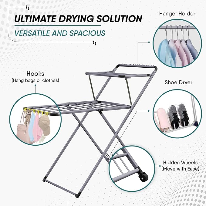XABITAT Clothes Drying Rack with Shoe Dryer, No Assembly, Metal Construction, Non-Slip Feet, 2 Level with Hooks, Hidden Wheels, Foldable, Portable, Ideal for Laundry Room, Indoor & Outdoor