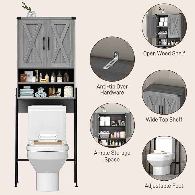 Vabches Over The Toilet Storage Cabinet, Farmhouse Over Toilet Storage Cabinet, Metal Frame with 2 Barn Doors, Home Space-Saving Toilet Rack for Bathroom, Toilet, Laundry Room.