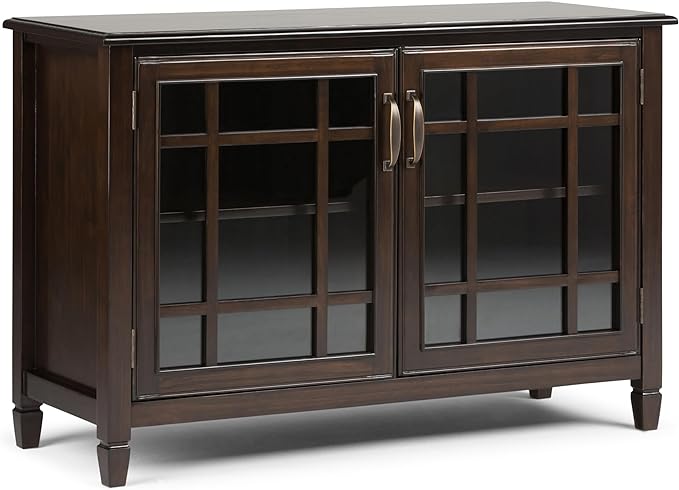 SIMPLIHOME Connaught Storage Cabinet - 46 inch Wide Solid Wood Low Storage Cabinet in Dark Chestnut Brown, Traditional Console for Living Room, Entryway, or Dining Room with Glass Doors and Shelves