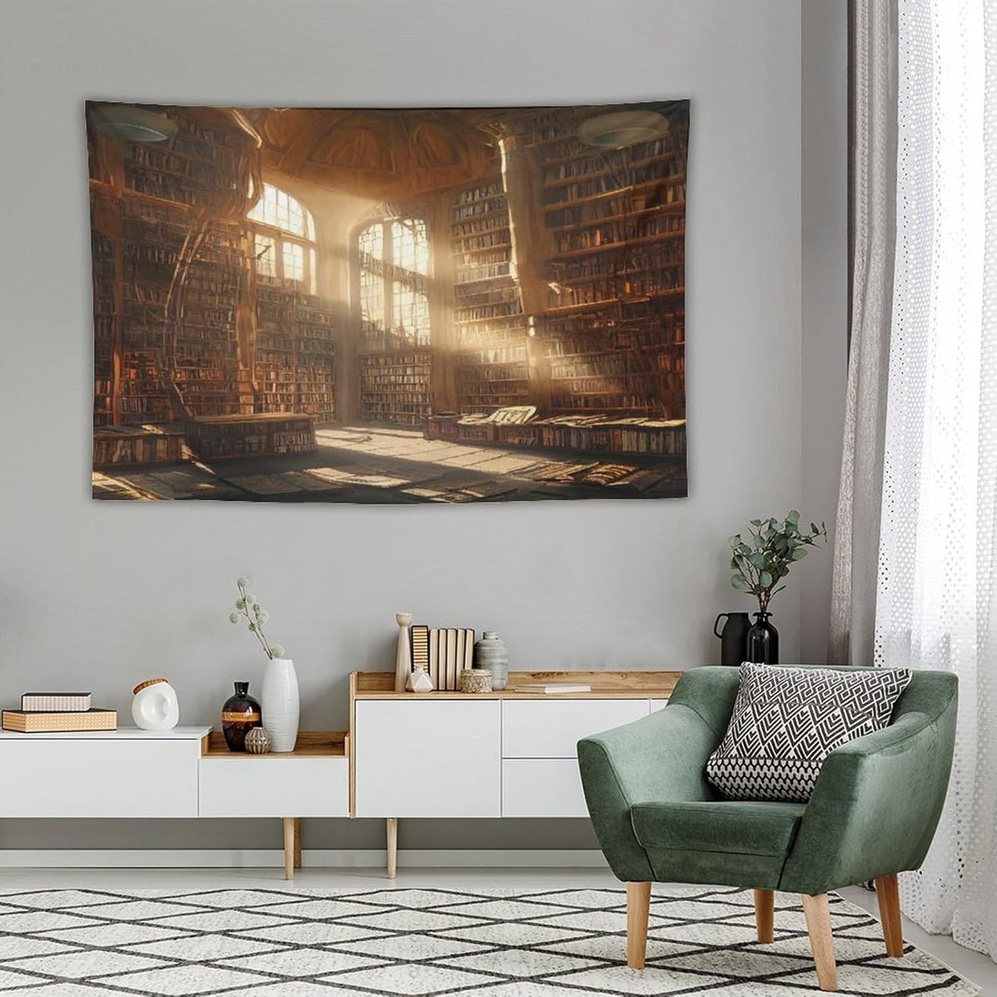 Kurtect Retro Bookshelf Tapestry,Medieval Mid Century Library Building Pattern Print Tapestries for Party Beach Picnic Blankets Tablecloths Living Room Wall Deocr, 40x60 in