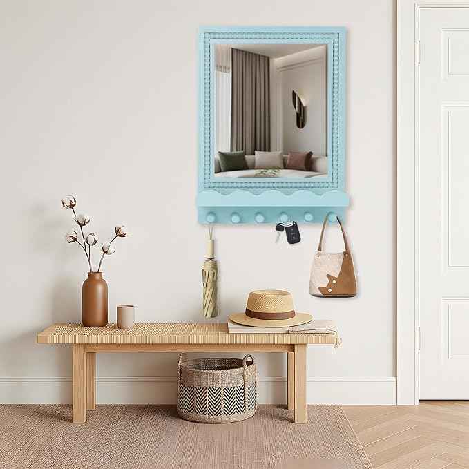 Tirzah 16x12 Inch Wall Mount Beaded Wood Framed Mirror with Shelf and 6 Hooks, Blue Decorative Entryway Mirror with Storage for Laundry Room, Bathroom, Bedroom