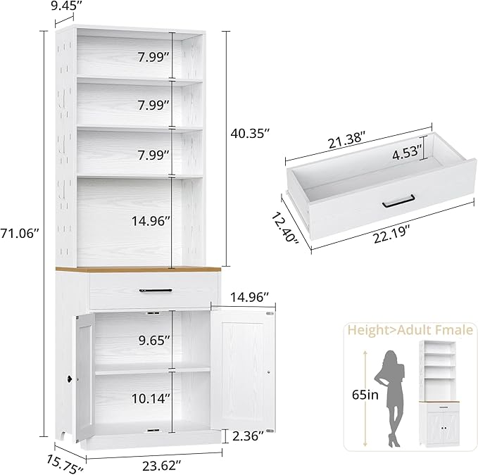 IRONCK Bakers Rack Microwave Stand with Customizable Pegboard and Storage, 71" Farmhouse Coffee Bar Cabinet with Drawer, Barn Doors, Adjustable Shelves for Kitchen, Dining Room, 23.6" White
