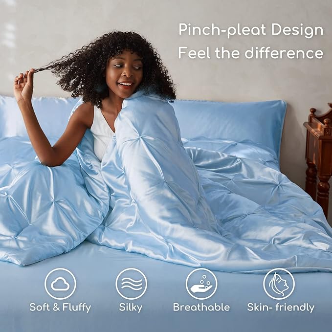 MR&HM Satin Comforter King 7 Pieces - Luxurious Pinch Pleat Bedding Set with Comforter, Flat Sheet, Fitted Sheet, Pillowcases & Shams, Super Silky Soft Bed Set for All Season (King, Light Blue)