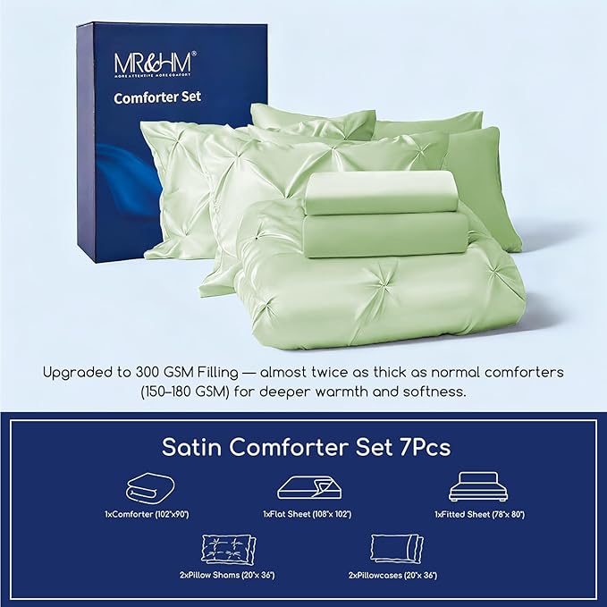 MR&HM Satin Comforter King 7 Pieces - Luxurious Pinch Pleat Bedding Set with Comforter, Flat Sheet, Fitted Sheet, Pillowcases & Shams, Super Silky Soft Bed Set for All Season (King, Light Sage)