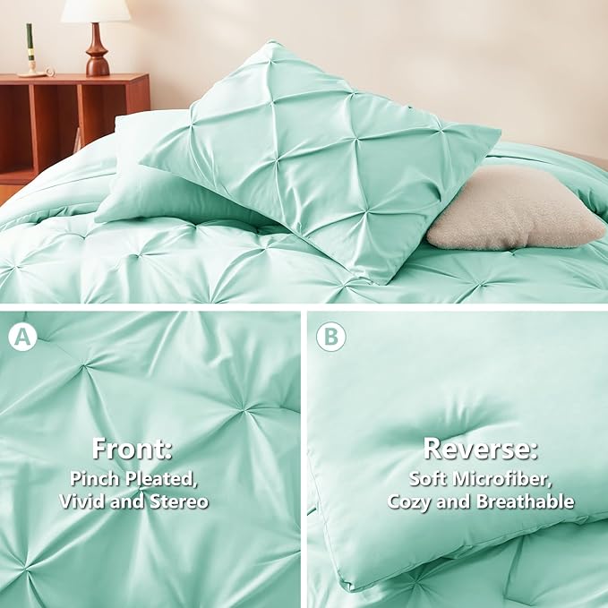 CozyLux King Size Comforter Set Mint Green, 7 Pieces Pintuck Bed in A Bag Green Comforter King Size, Pinch Pleat Bedding Set with All Season Comforter, Flat Sheet, Fitted Sheet, Pillowcases & Shams