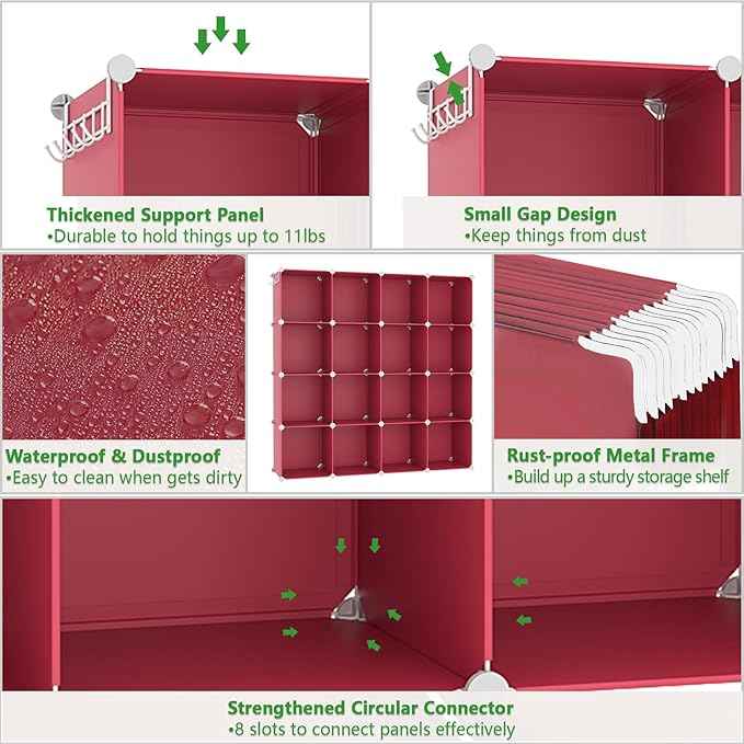 C&AHOME Cube Storage Organizer, 16-Cube Shelves Units, Plastic Storage Cubes, DIY Closet Organizer, Modular Closet Storage Shelves Ideal for Home, Bedroom, 48.4" L × 12.4" W × 48.4" H Red UPCS16R