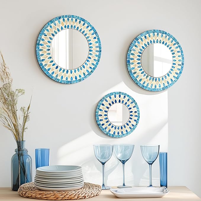 Handmade Mother of Pearl Mirror for Wall Decor, 3PCS Round Decorative Mirrors for Beach Nautical Home Hotel Coffee Shop, Natural Plate Art Hanging Sculpture for Dorm Apartment Entryway (Blue)