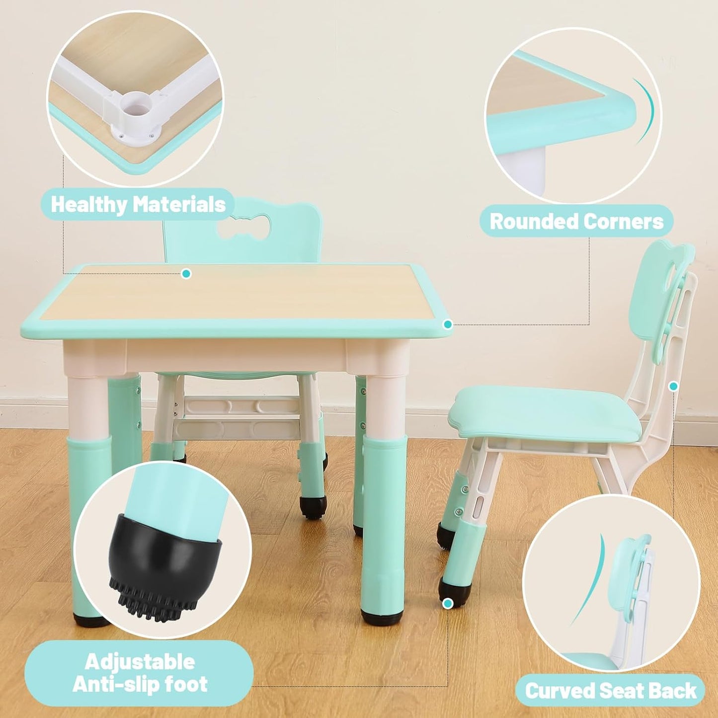 FUNLIO Kids Table and 4 Chairs Set, Height Adjustable Toddler Table and Chair Set for Ages 3-8, Easy to Wipe Arts & Crafts Table, for Classrooms/Daycares/Homes, CPC & CE Approved (5-Piece Set) - Green