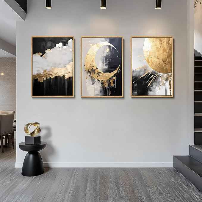3Pcs Black and Gold Abstract Canvas Wall Art Sun Moon And Cloud Posters Prints Maximalist Pictures Wall Decor For Living Room, Bedroom,bathroom Decoration Unframed
