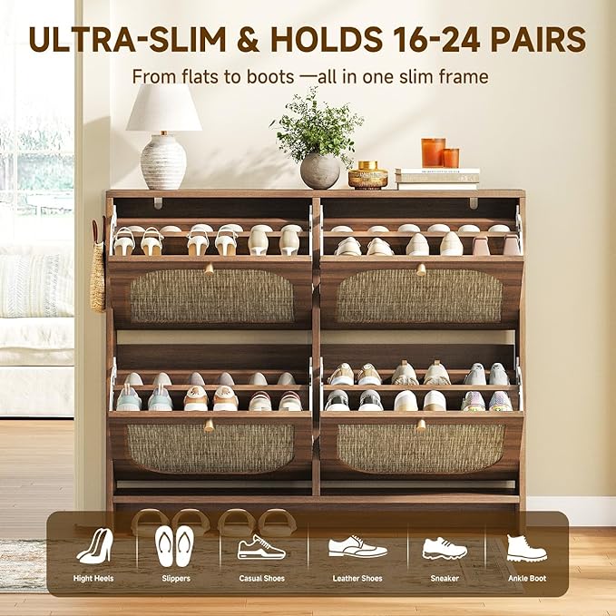 Nicetree Freestanding Ultra Slim Arched Rattan Accent Shoe Storage Cabinet for Entryway - 4 Flip Drawers & 3-Tier Adjustable Shelves, Farmhouse Modern Rustic Shoe Rack for Hallway, Foyer Oak
