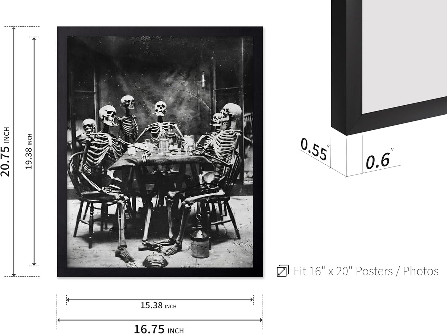 Poster Master Vintage Photograph Poster - Retro Daguerreotype Print - Gift for Artist, Friend - Skeletons Smoking at Table, Dinner Party, Goth - Wall Decor for Home, Dorm, 16x20 Black Framed