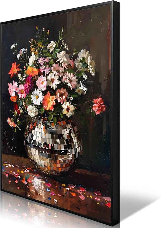 Colorful Moody Florals Disco Ball Wall Art, Maximalist Funky Wildflowers Bouquet Disco Ball Canvas Poster, Retro Cottagecore Flower Prints Paiting, Vintage Eclectic Wall Decor 16X24in Black Framed