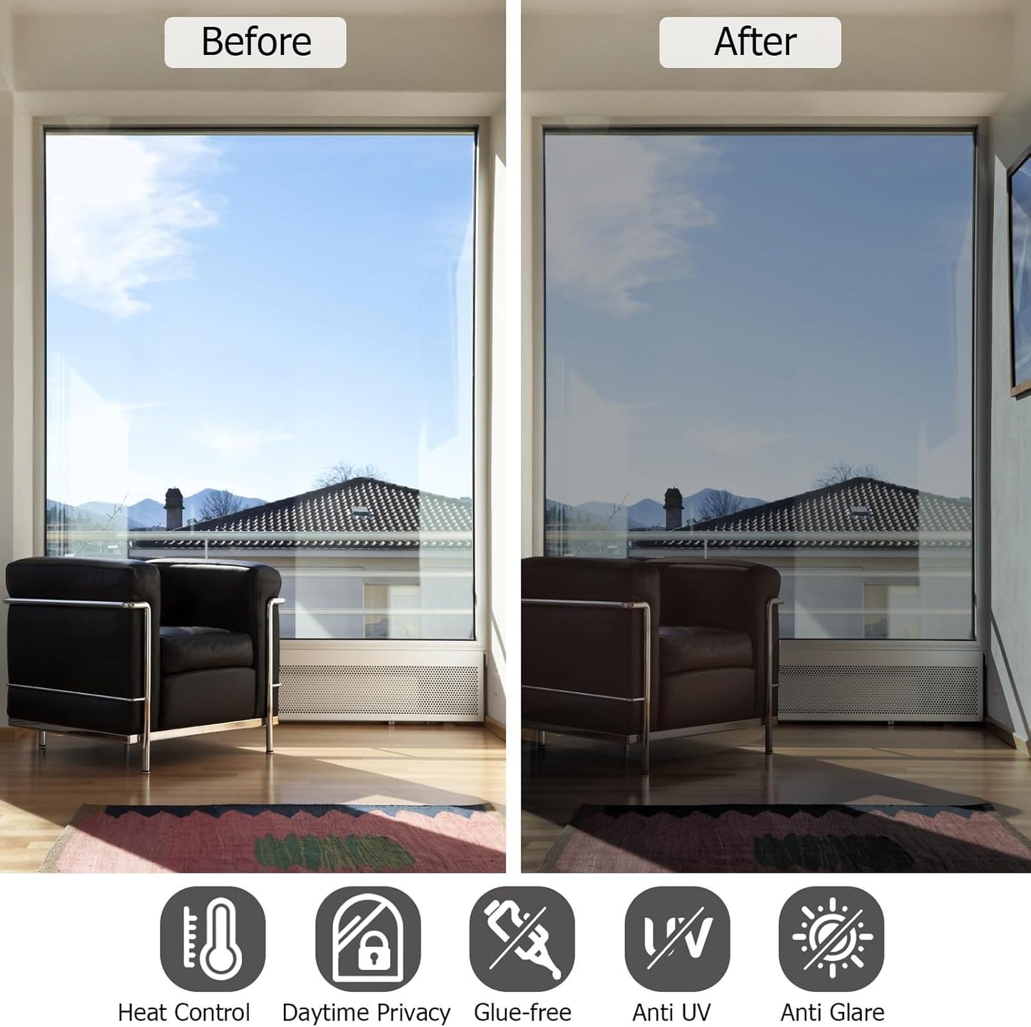 HIDBEA One Way Window Film, Daytime Privacy Sun Blocking Reflective Window Film No Glue Static Cling Heat Control Window Tinting Film for Home and Office, Gray Silver, 17.3 x 78.7 Inch