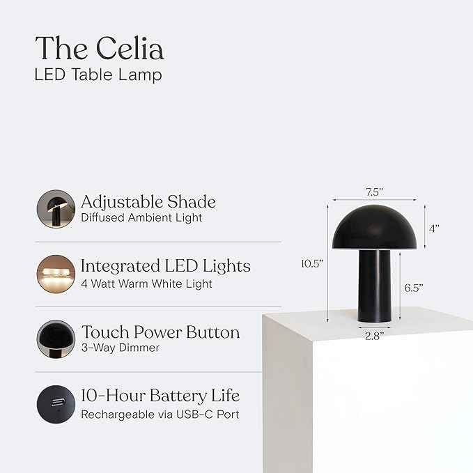 Brightech Celia Small Lamp – 10" Touch-Controlled Mushroom Table Lamp, Cordless & Dimmable LED, Portable Rechargeable Bedside Night Light, Sustainable Recycled Modern Patio Lamp for Home Décor – Black