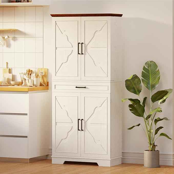 IRONCK Farmhouse Kitchen Pantry Cabinet, 72" Height Tall Freestanding Cupboard with Sliding Storage Rack and 6 Hanging Shelves for Kitchen, Dining Room, White