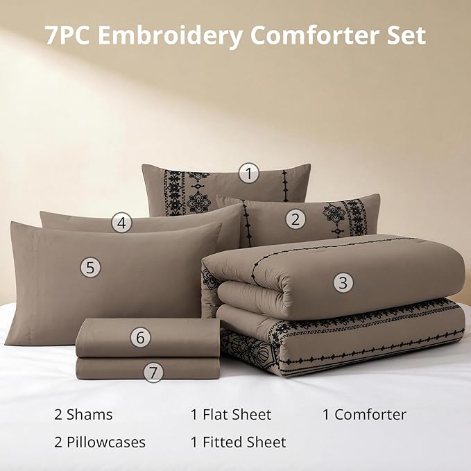 MaiRêve Full Size Comforter Set Taupe Grey, Embroidery Floral Western Boho Bedding Set, All Season 7 Pieces Bed in a Bag with Sheets, Pillowcases & Shams
