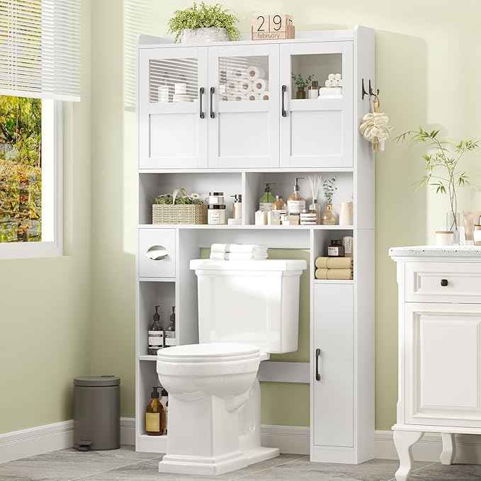 Over The Toilet Cabinet,Farmhouse Toilet Cabinet Rack with 3 Acrylic Doors and Adjustable Storage Shelf,Space Saving Bathroom Organizer with Toilet Paper Holder Stand for Restroom, Laundry，White