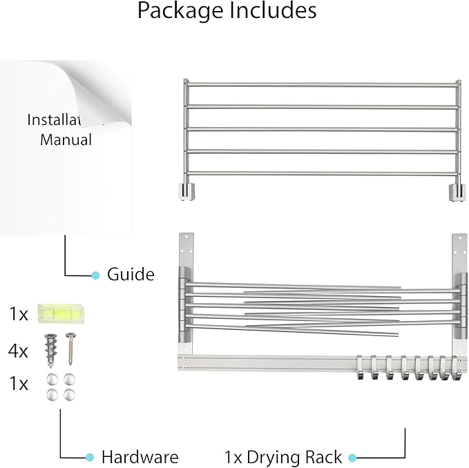 brightmaison BGT Wash Clothes Drying Rack Wall Mount Laundry Room Organizer with Hooks & Swing Arms, 24" Metal Laundry Rack Silver