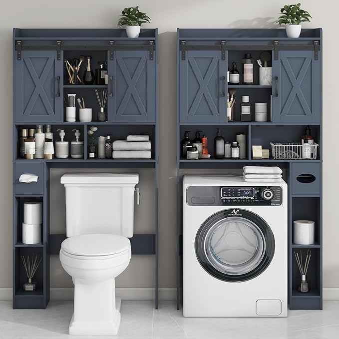 Vabches Over The Toilet Storage Cabinet, Farmhouse Storage Cabinet Over Toilet with Sliding Doors，Home Space-Saving Toilet Rack, for Bathroom, Restroom, Laundry
