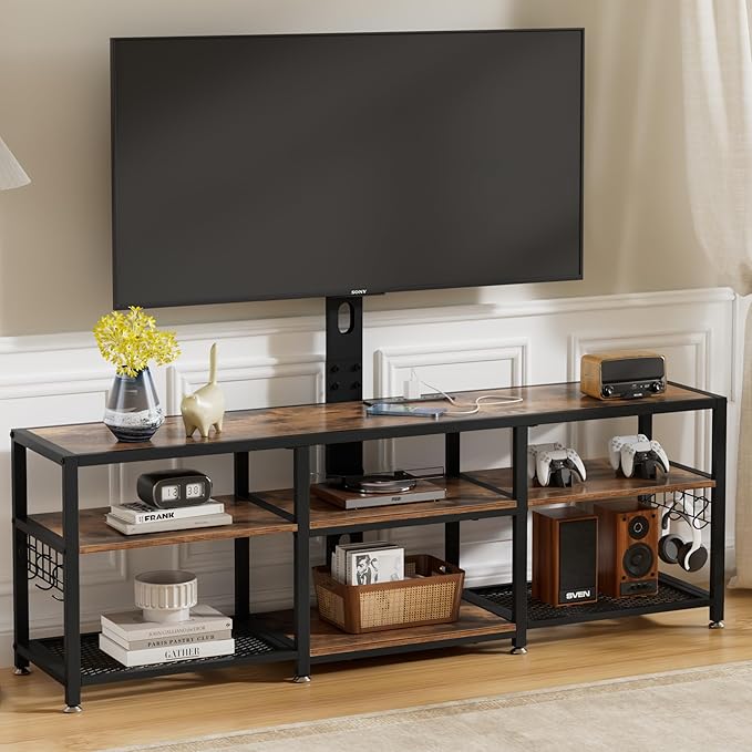 VECELO TV Stand with Mount and Power Outlets, Entertainment Center for 60/65/70/75/80 inch TVs, Height Adjustable Media Console with Storage Shelves, for Living Room, Bedroom, Rustic Brown