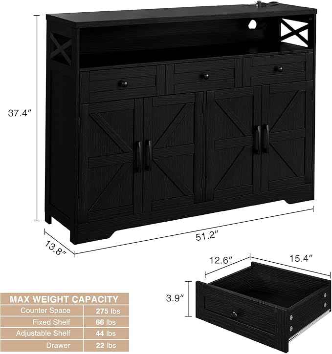 52" L Modern Farmhouse Sideboard Buffet Cabinet, Black Storage Cabinet with Drawers & Shelves, Kitchen Pantry Hutch, Coffee Bar Station Table for Living Room, Dining Room, Entryway