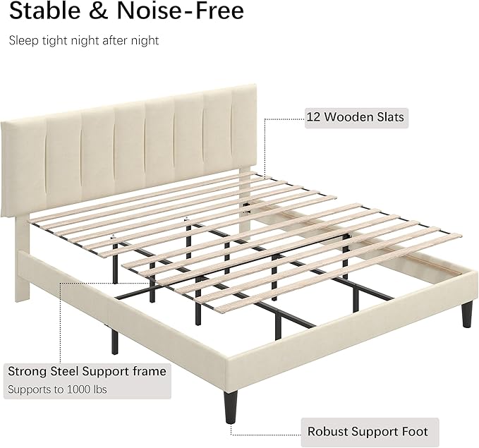 VECELO King Size Bed Frame with Upholstered Headboard, Heavy-Duty Bedframe with Strong Wooden Slats Support, No Boxing Spring Needed, Pale Beige