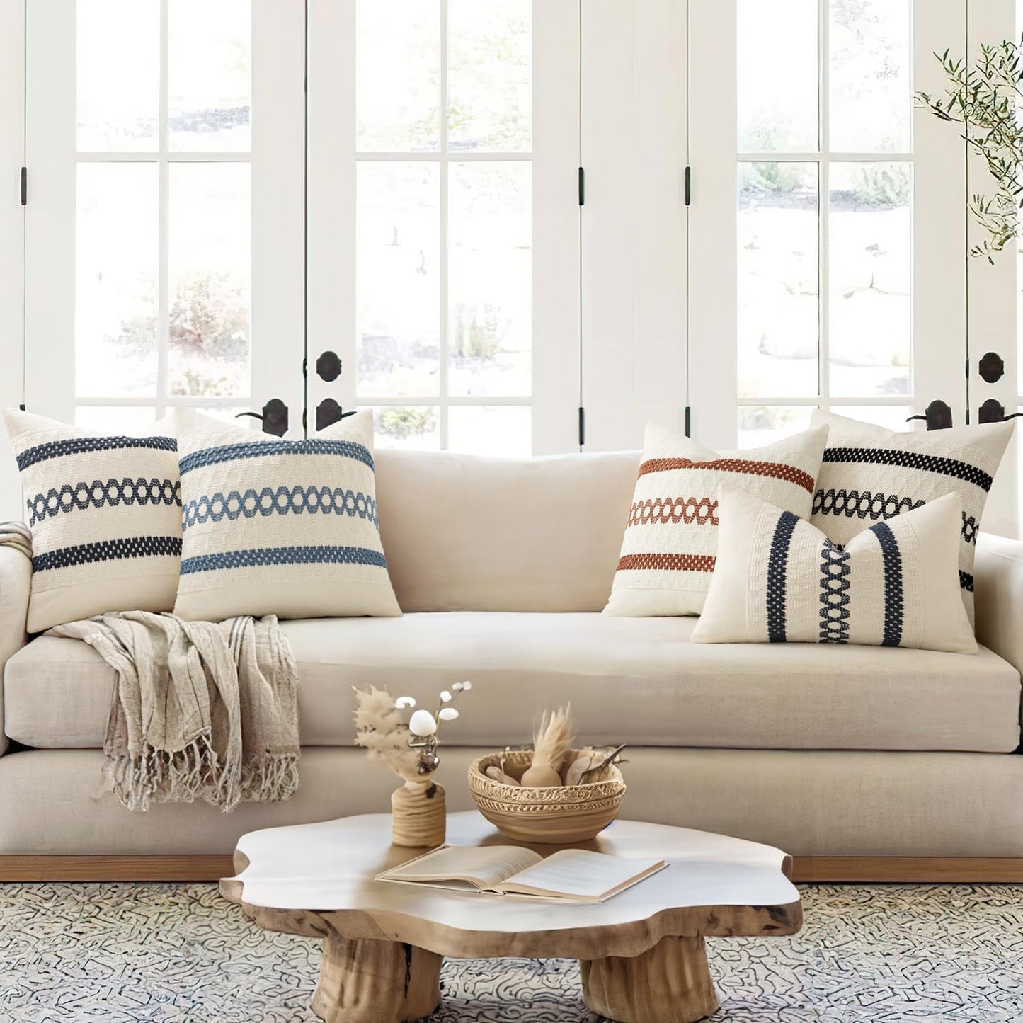 MIULEE Set of 2 Coastal Blue Boho Decorative Lumbar Pillow Covers 12x20 Inch Farmhouse Rustic Couch Throw Pillows Modern Summer Cushion Covers Retro Cute Macrame Woven Home Decor for Bed Sofa Chair