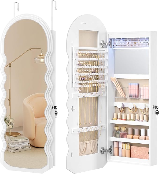 SONGMICS Mirror Jewelry Cabinet Wall Mounted Over the Door, Hanging LED Jewelry Organizer, Lockable Wavy Wide Mirror with Storage, Interior Lights, 3.9 x 16.5 x 42.5 Inches, White UJJC031W01
