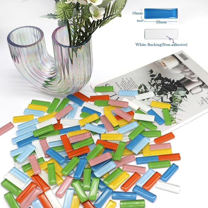 LITMIND 162Pcs / 1.1LB Mixed Colors Mosaic Glass Tiles - 1.26" x 0.4" Crystal Glass Long Strips, Ideal for Stained Glass Art, Handmade Craft, and Home Decor