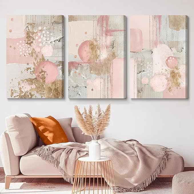 3Pcs Framed Pink and Gold Canvas Wall Art Abstract Posters Print Geometric Pictures Decor for Living Room Bedroom Bathroom Home Decoration