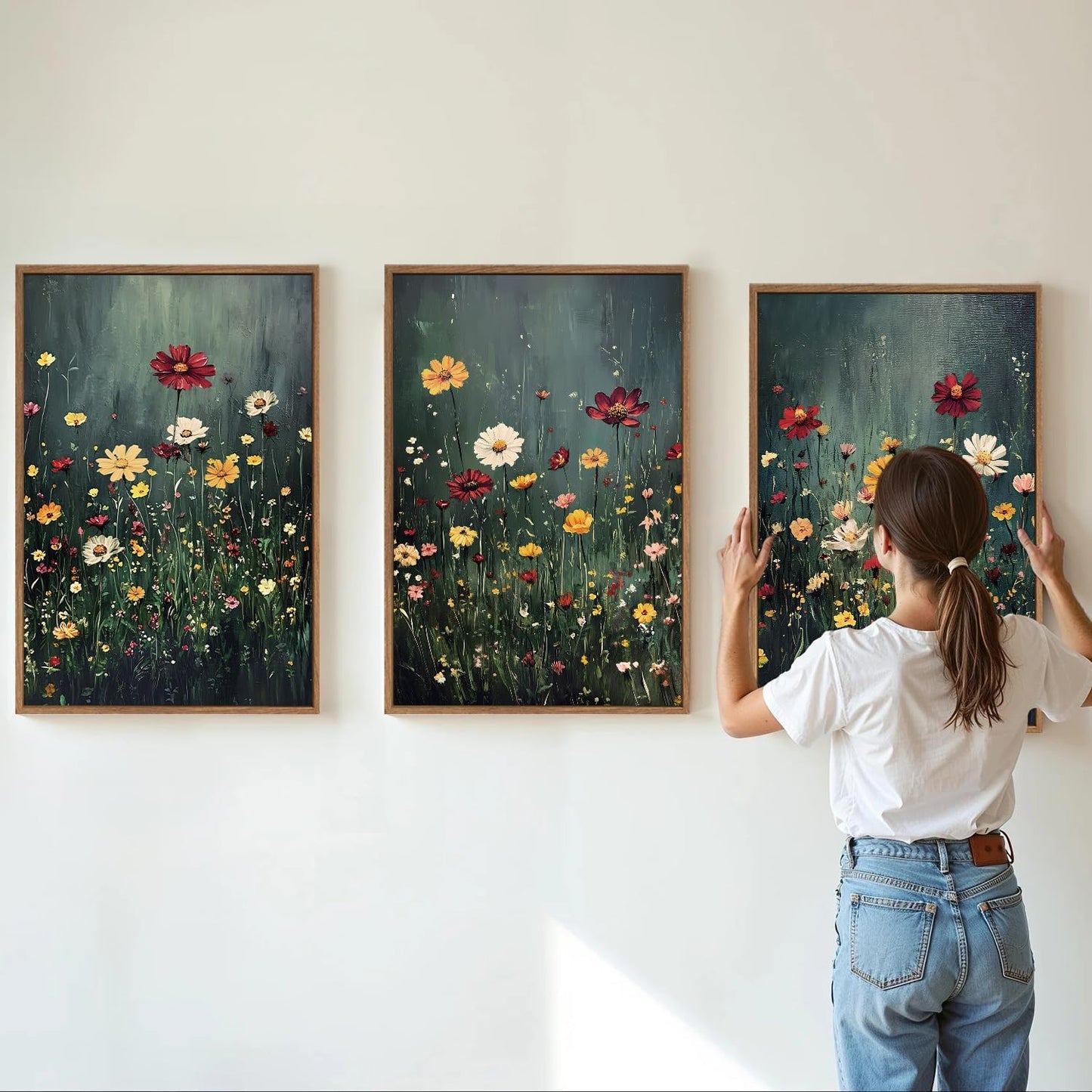 SIGNINART Vintage Floral Framed Canvas Wall Art, Dark Moody Wildflowers Wall Decor, Boho Abstract Flowers Artwork, Colorful Botanical Aestheticrt Art Paintings for Bedroom Living Room Office 16"x24"x3